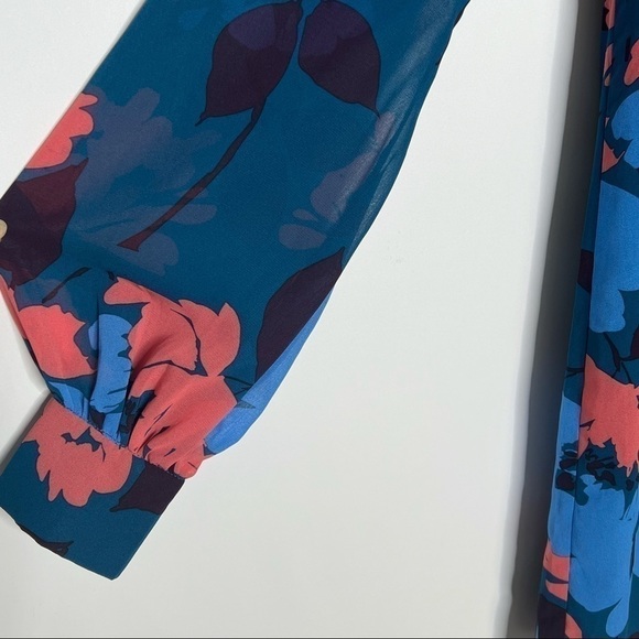 CHARLES Henry Dress blue Floral Print Long sleeve Sheer Shift small - Picture 8 of 13